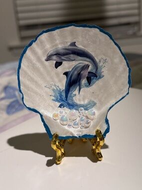 Large Handmade Scallop Dolphin Shell Art Plaque or trinket in Blue and White